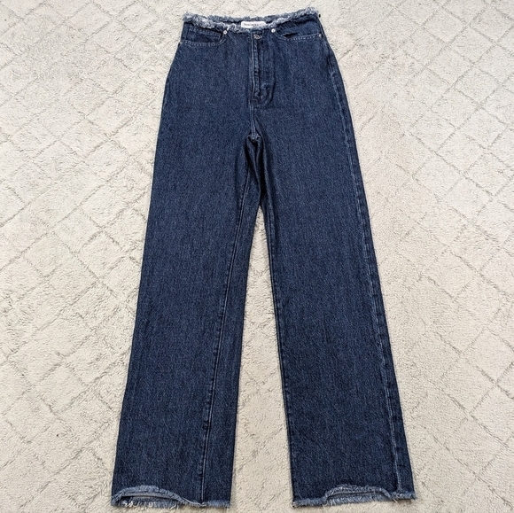 WeWoreWhat Jeans Women's 24 Blue Dark Straight Leg High Rise Relaxed Raw Hem - Picture 1 of 9